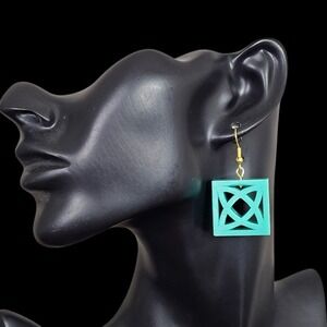 Mid Mod Retro Breezeway Block Atomic X Cutout Square Dangle Earrings‎ Turquoise